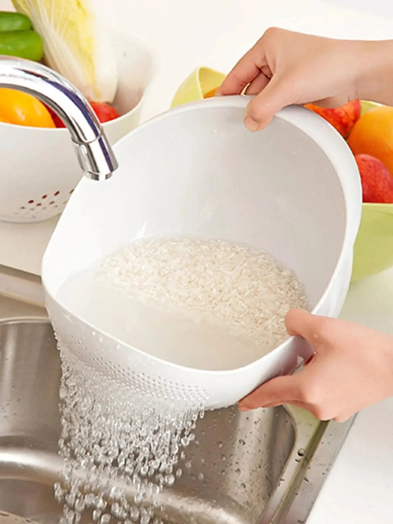 Three In One Colander Rice Bowl Drain Basket With Handle For Fruit Vegetables Washing Kitchen Organizer