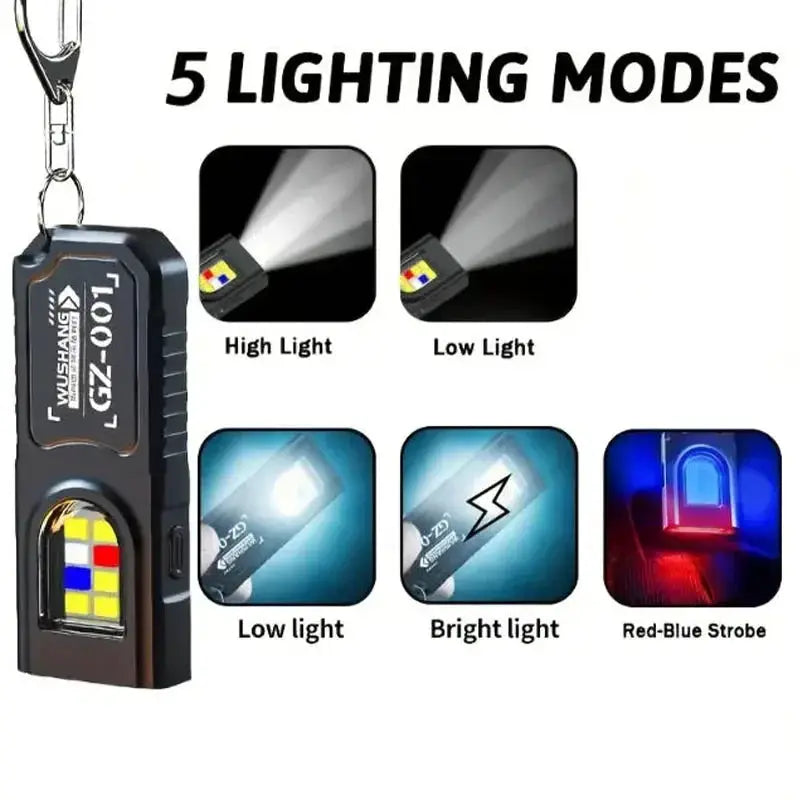 Powerful Mini COB LED Keychain Flashlight by Simples Market; USB-C rechargeable, waterproof pocket lamp with keyring.