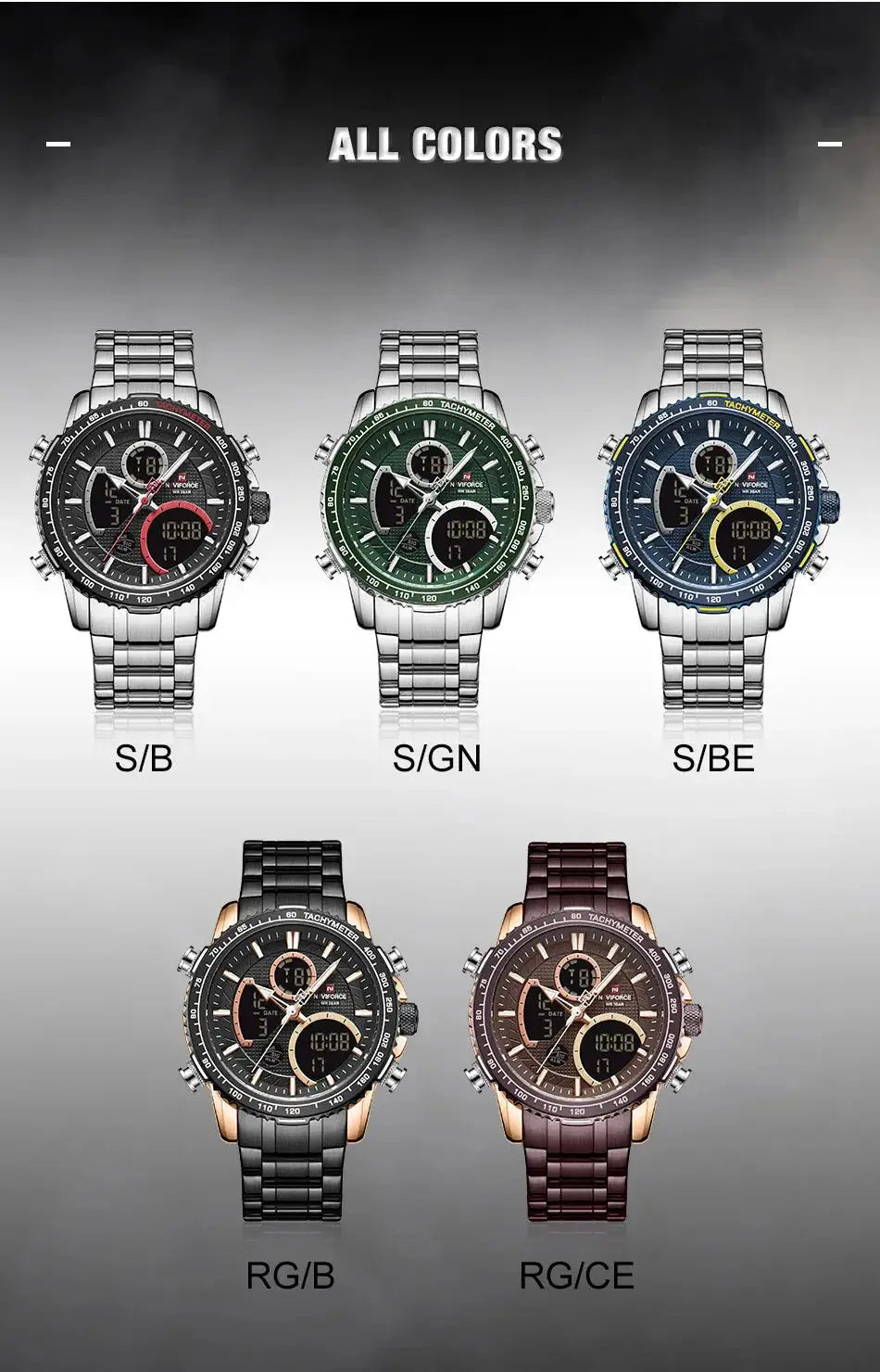 Simples Market NAVIFORCE men's chronograph wristwatch with stainless steel band; six color variants shown.