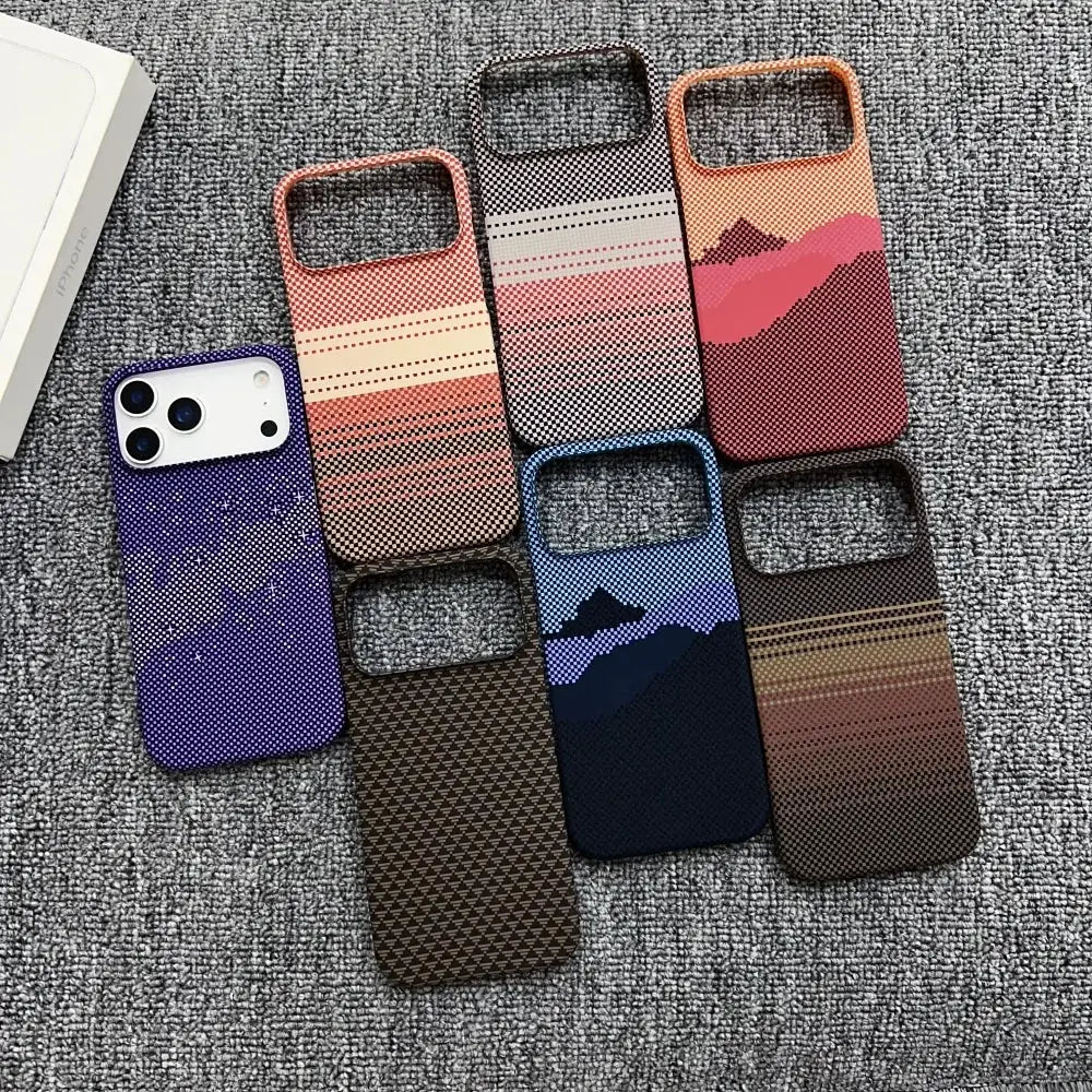 Simples Market frameless carbon fiber Kevlar MagSafe iPhone case set, 7 textured designs in purple, brown, blue and gradient patterns