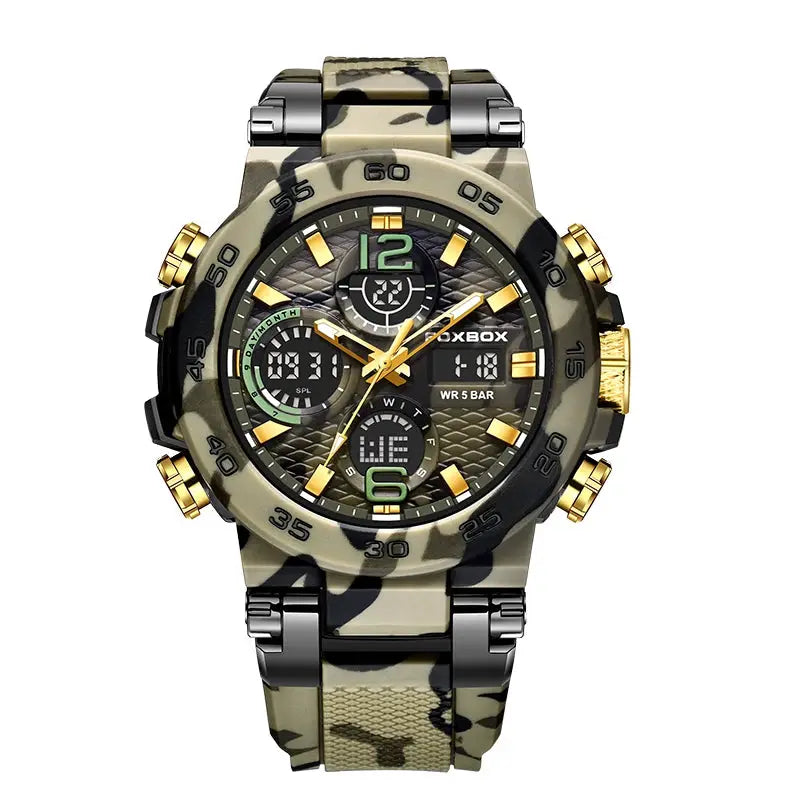LIGE electronic men's wristwatch with camo stainless-steel band, gold-tone accents, WR 5BAR, dual digital-analog display