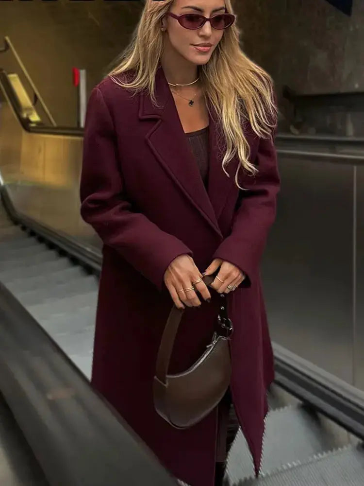 HH Women Burgundy Coat Double Breasted Long Sleeve Lapel Blended Outerwear for Autumn and Winter