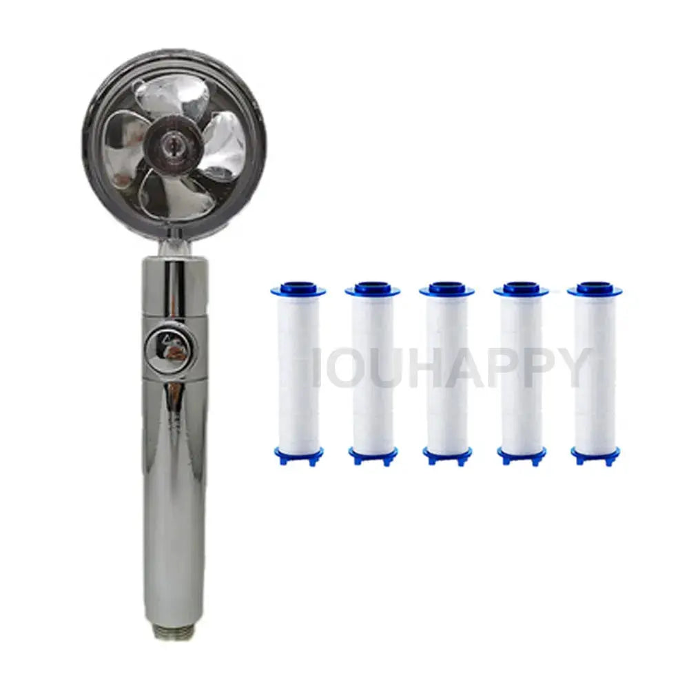 High-pressure handheld shower head by Simples Market with chrome finish and five filter cartridges.