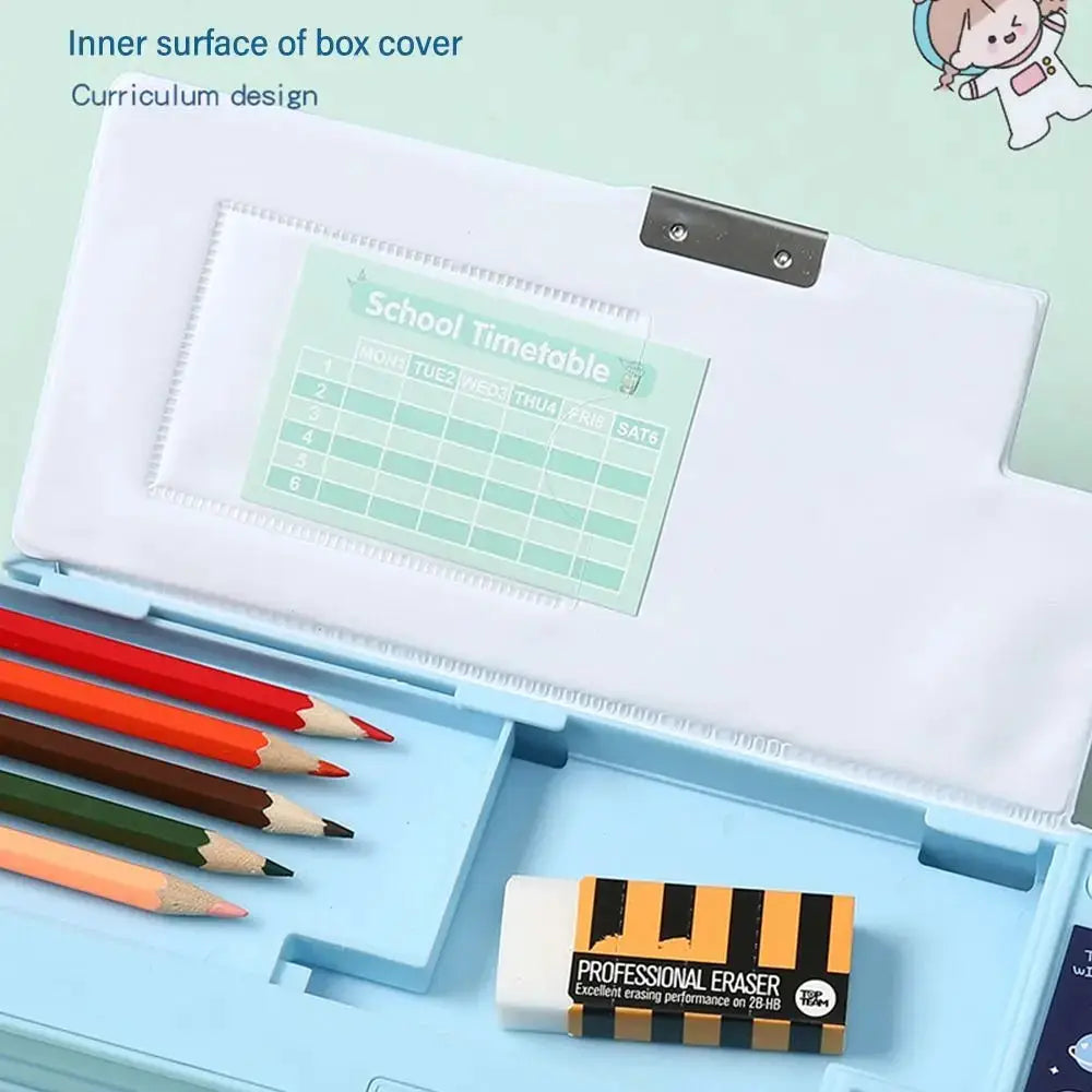 Double-layer plastic pencil case, light blue with white lid and astronaut/animal design; includes 6 colored pencils