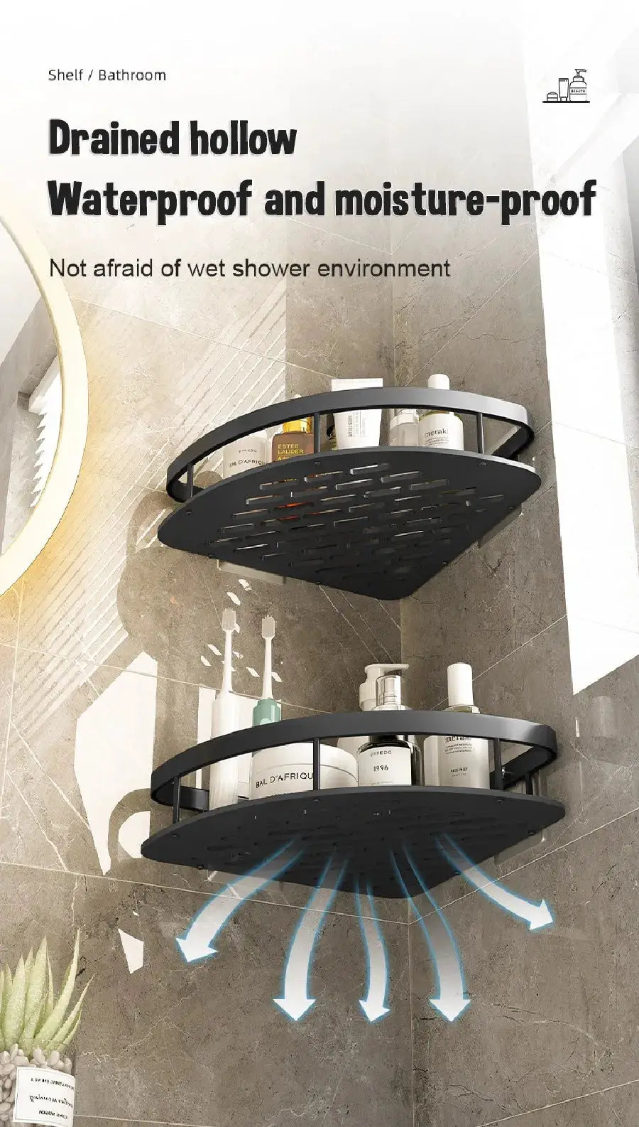 Simples Market bathroom corner shelf set; wall-mounted, no-drill space aluminum two-tier black round shower shelves.