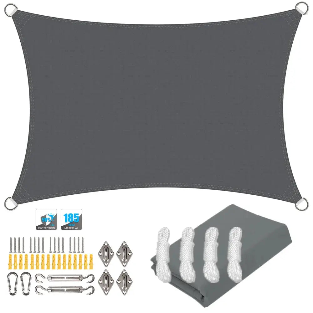 Simples Market waterproof rectangular sun shade sail canopy in dark gray with hardware kit.