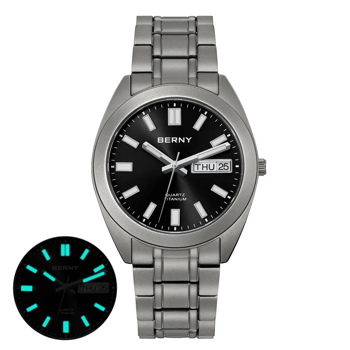 BERNY titanium men's watch with black dial, silver link bracelet, glow-in-the-dark markers