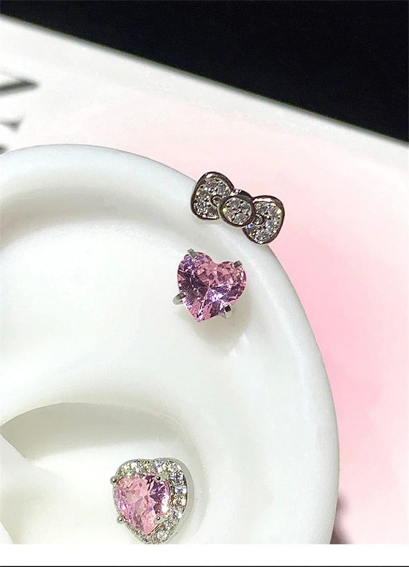 Simples Market 3-piece bowknot and heart earrings set; pink zircon heart studs with clear stones, 316L stainless steel