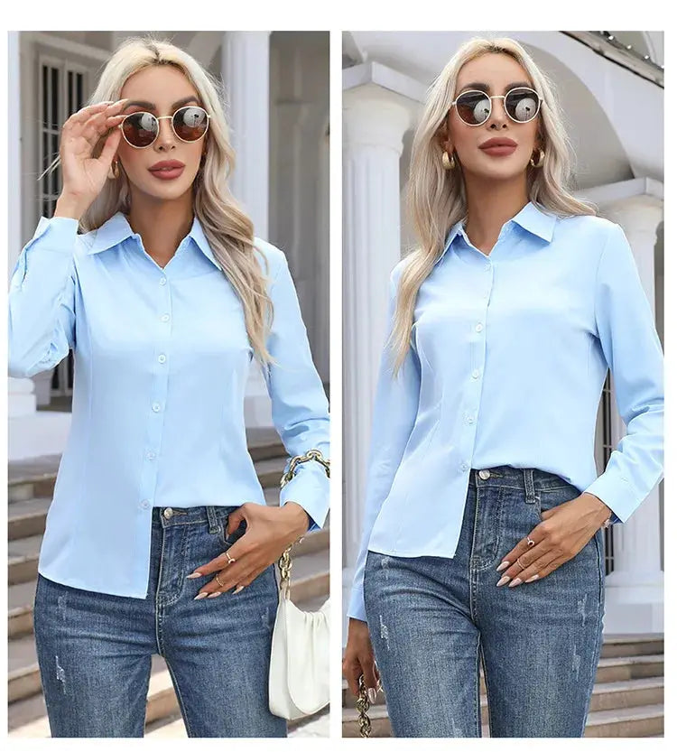 Women's light-blue chiffon button-down blouse with long sleeves, Simples Market; shown in two views