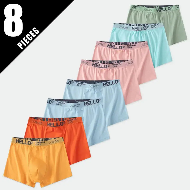 Men's boxer underwear 8-pack in assorted colors with Hello waistband