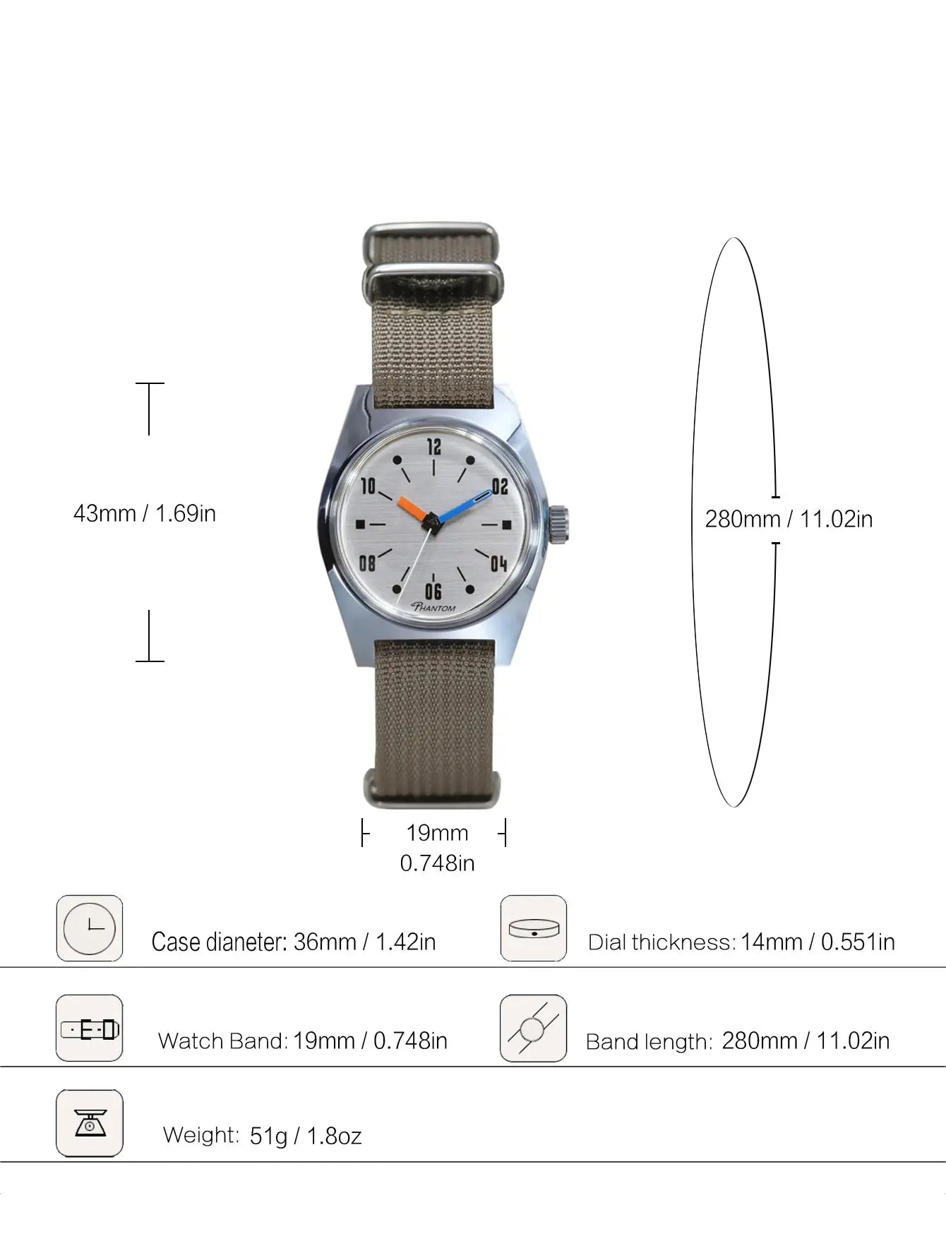 Simples Market 7120 hand-wind mechanical watch for men, 36mm case, white dial with orange and blue hands, beige strap