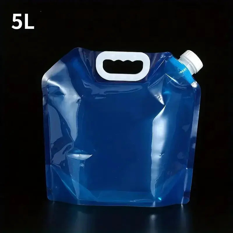 Blue collapsible water container, 5L, with white handle and screw cap for outdoor camping