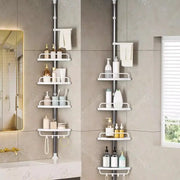 Stainless steel bathroom corner rack set with two units and four white shelves each, telescopic shower organizers.