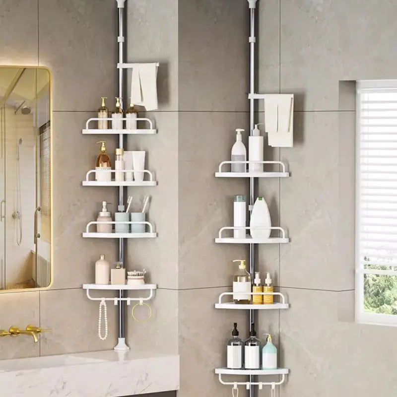 Stainless steel bathroom corner rack set with two units and four white shelves each, telescopic shower organizers.