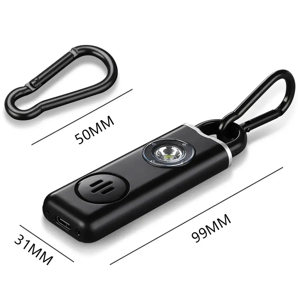 Black Hollarm self-defense personal alarm with LED light; rechargeable keychain with detachable carabiner