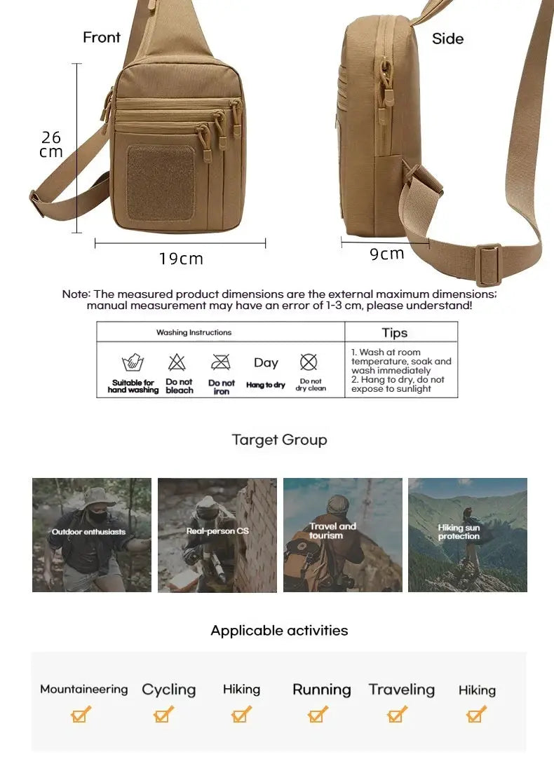 Tactical shoulder chest bag with concealed pistol holster in tan by Simples Market.