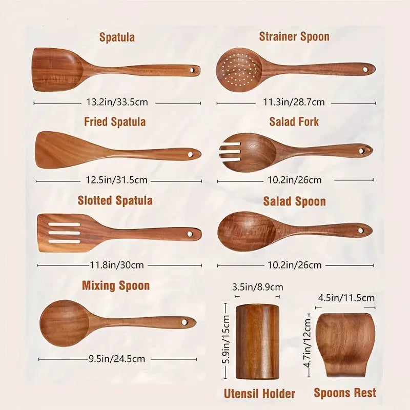 9 Piece Teak Wood Kitchen Utensils Set With Holder Eco Friendly Wooden Spoons And Tools For Cooking