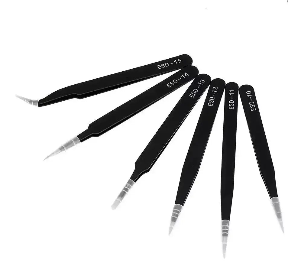 Antistatic Stainless Steel Tweezers 6 Piece Set for Precision Electronics Repair and Model Making Curved Tips