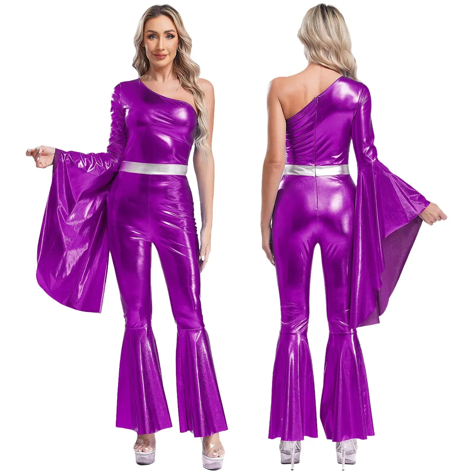 Simples Market purple metallic one-shoulder jumpsuit with cape sleeves and silver belt; front and back views.