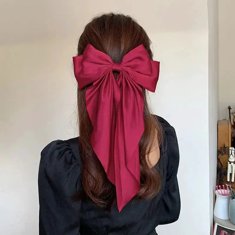 Korean Satin Bowknot Hair Clip For Women And Girls Long Ribbon Solid Color Barrette Hair Accessory