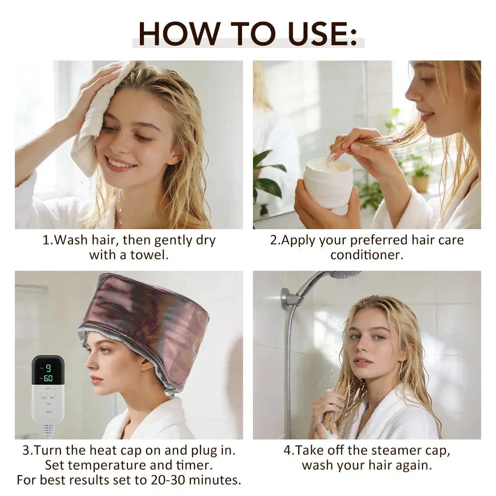 10 Levels Electric Hair Heating Cap waterproof steam cap for spa hair treatment; four-step how-to usage guide.