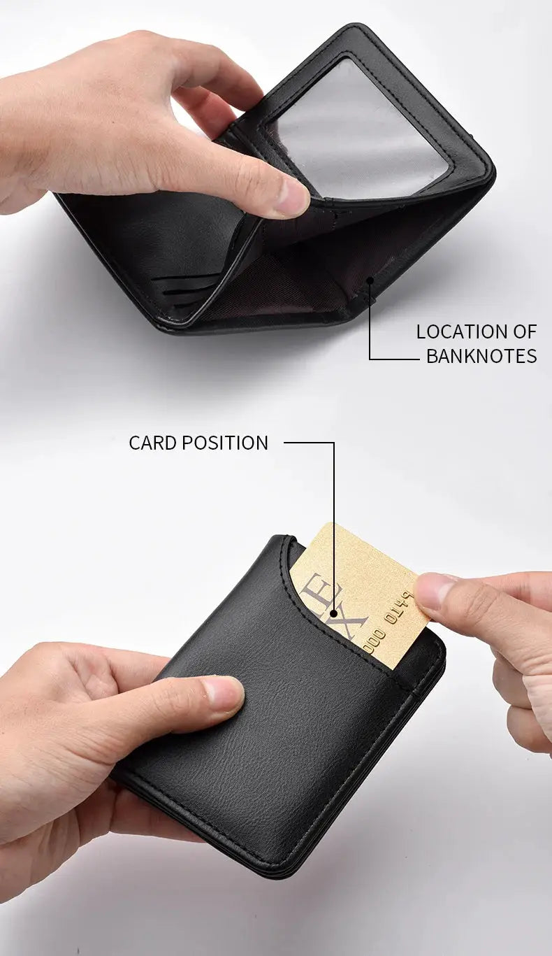Men's black vertical mini wallet with card slots and ID window