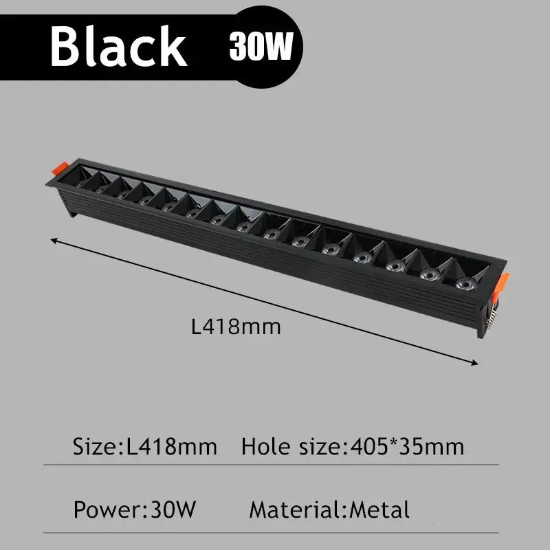 Simples Market black 30W rectangular LED recessed downlight with metal grille, 418mm long
