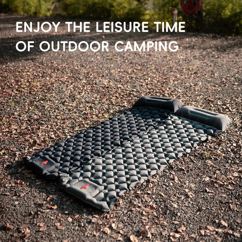 TARKA inflatable camping mat by Simples Market with pillows, dark gray quilted air mattress for outdoor camping
