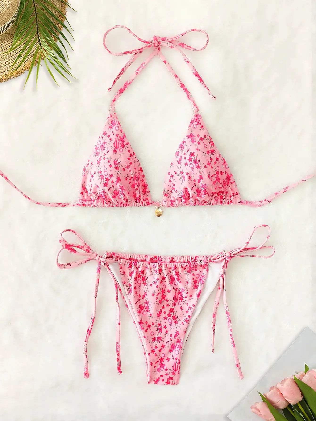 Pink floral triangle bikini set with string-tie top and Brazilian bottoms