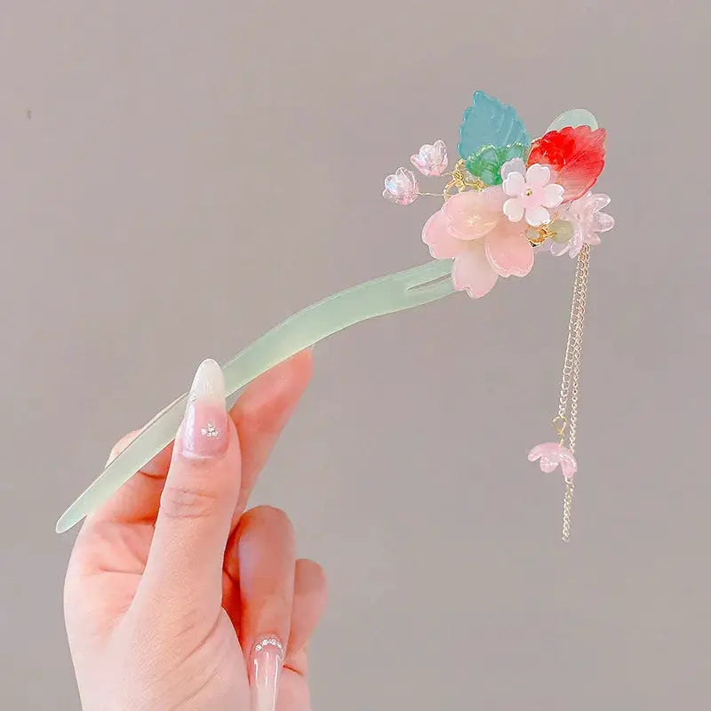 Elegant Chinese Style Romantic Enameled Flower Tassel Hair Clip Alloy Jewelry Hairpin For Women Fashion Accessory