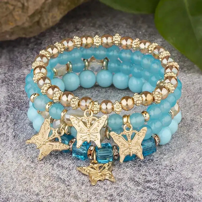 4 Pcs Trendy Butterfly Beaded Bracelet Set For Women Pink Acrylic Beads Elastic Chain Bangles Party Jewelry Gift