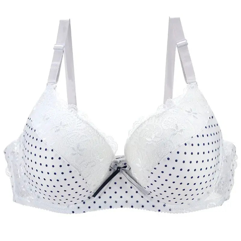 DaiNaFang lace push-up bra, white with navy polka dots and lace trim, Simples Market