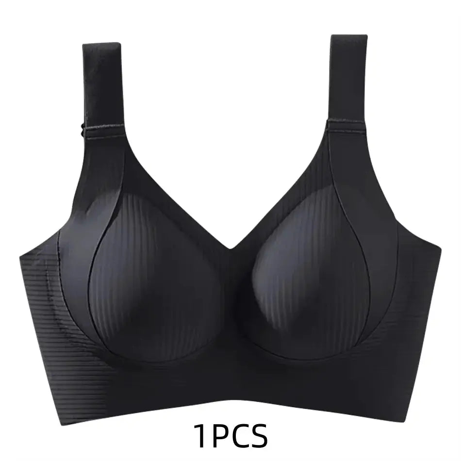 Black seamless wireless bra with molded cups and wide straps, 1 piece
