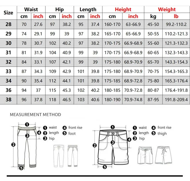 HIQOR men's cotton trousers size chart and measurement guide for spring/summer casual pants