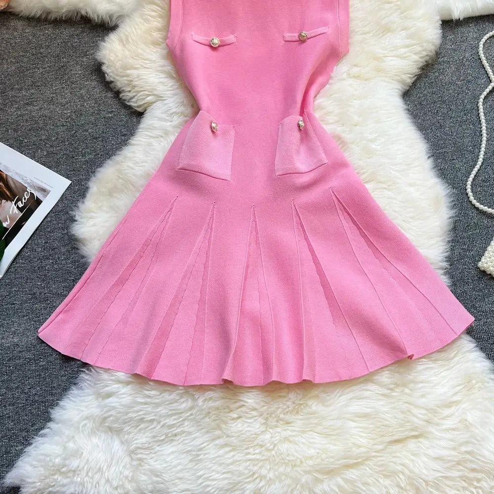 YuooMuoo Chic Pleated Short Dress Women O Neck Slim Waist Party Dress