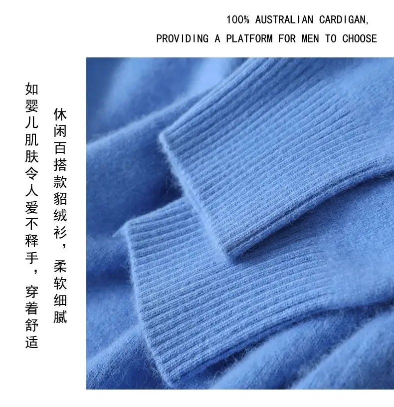Men's blue mink cashmere O-neck knit sweater with ribbed cuffs