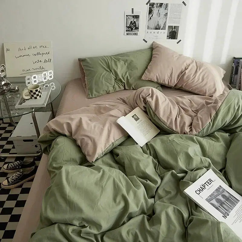 Simples Market solid color double-washed cotton bedding 4-piece duvet set for dorm beds in olive green and blush pink