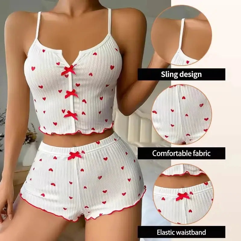 LunaLuxe Women Pajama Set Heart Print Soft Ribbed Fabric Cami Top And Shorts With Flirty Frill Trim