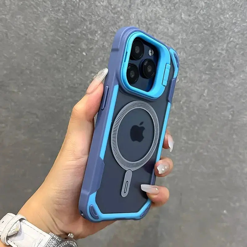 Armor Fold Lens Stand MagSafe case for iPhone with blue bumper and shockproof protection