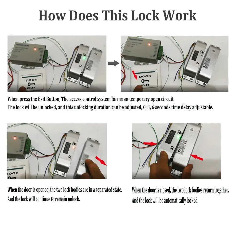 Simples Market 5YOA smart electric mortise lock with metal drop bolt, DC12V, wired control and exit button.
