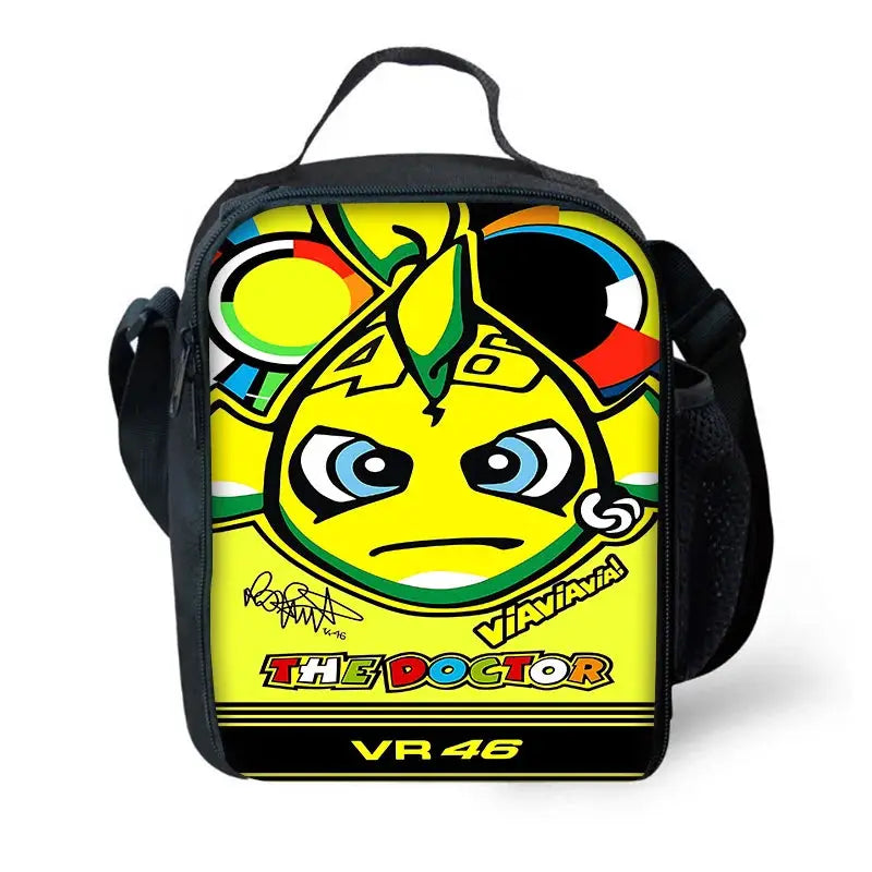 Kids VR46 backpack with bright yellow graphic and black sides, school bag for boys and girls
