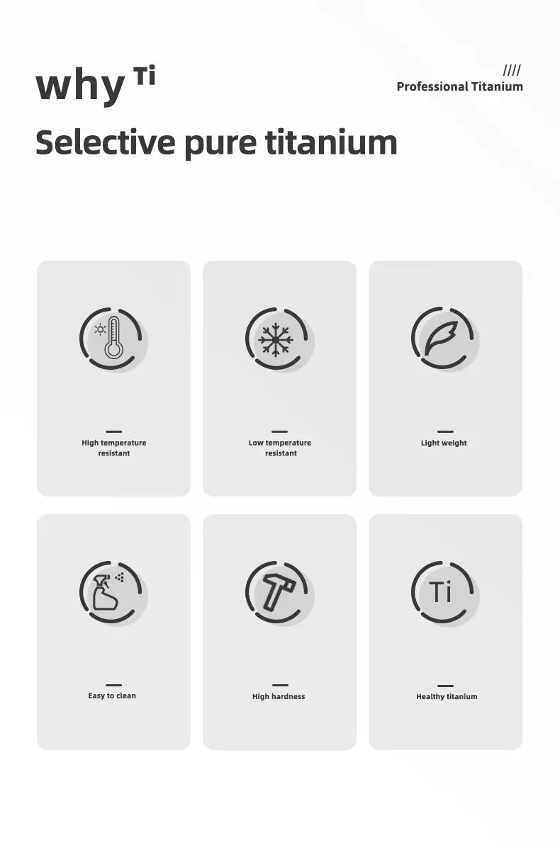Titanium drinkware infographic showcasing Tiartisan pure titanium with high/low temperature resistance and lightweight.