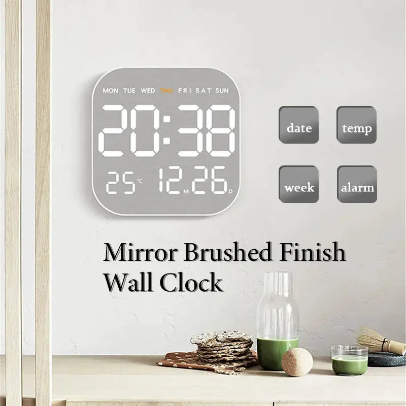 Mirror Brushed Finish Wall Clock by Simples Market with digital time display, date, temp, week and alarm