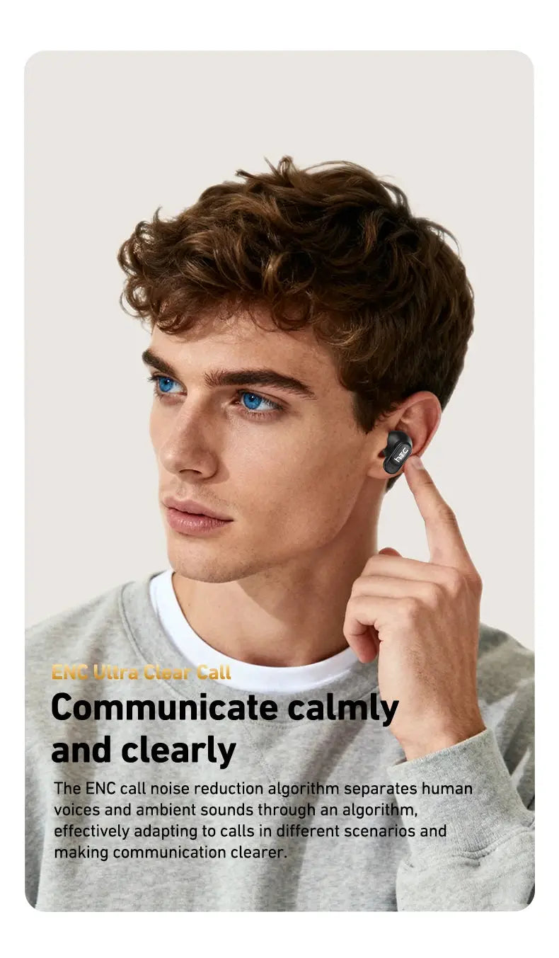 HTC NE79 wireless earbud with mic for real-time translation in black/gray, worn in ear by a man