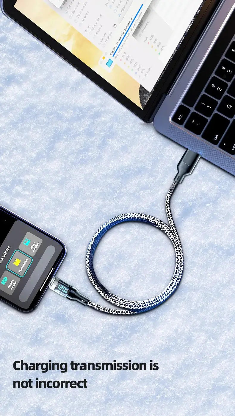 OOZCC LCD Watt Display USB-C to Lightning cable, blue braided, 120W fast charging between iPhone 14 Pro and laptop