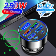 66-250W PD Car Charger QC3.0 Fast Charge One To Six Car Cigarette Lighter Plugs With Digital Display