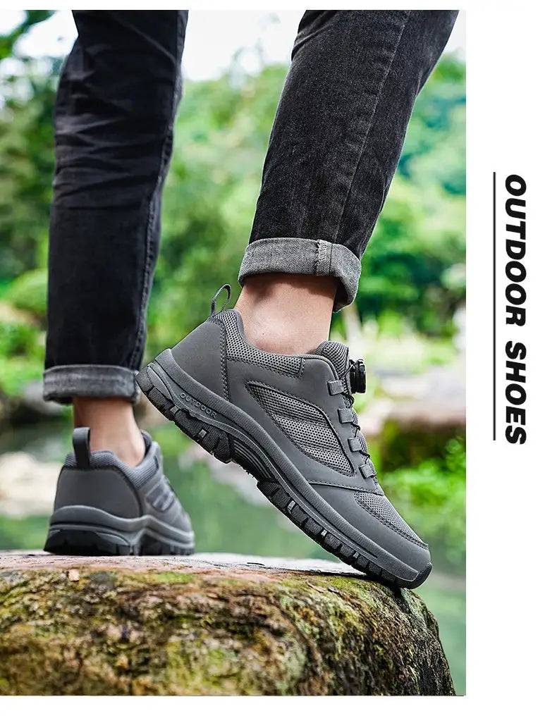 Men's gray outdoor hiking shoes with rotating buckle and rugged anti-slip sole
