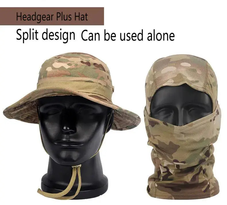 Simples Market camouflage boonie hat and neck gaiter mask set, adjustable, UV protection.