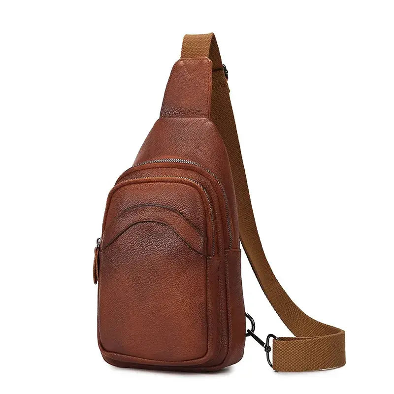 Brown genuine top-grain leather chest bag with multiple zip compartments and a large-capacity crossbody strap