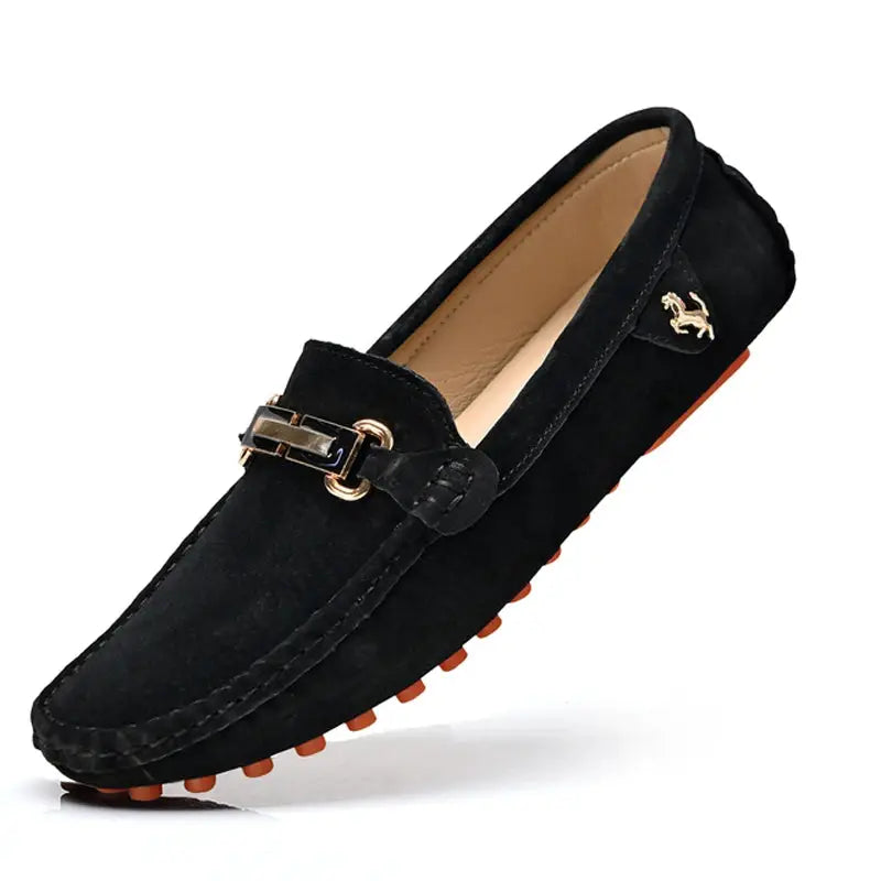 YRZL men's suede loafers by Simples Market, black with gold horsebit hardware and orange outsole.